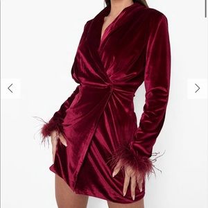 VELVET FEATHER TRIM WRAP BLAZER DRESS
